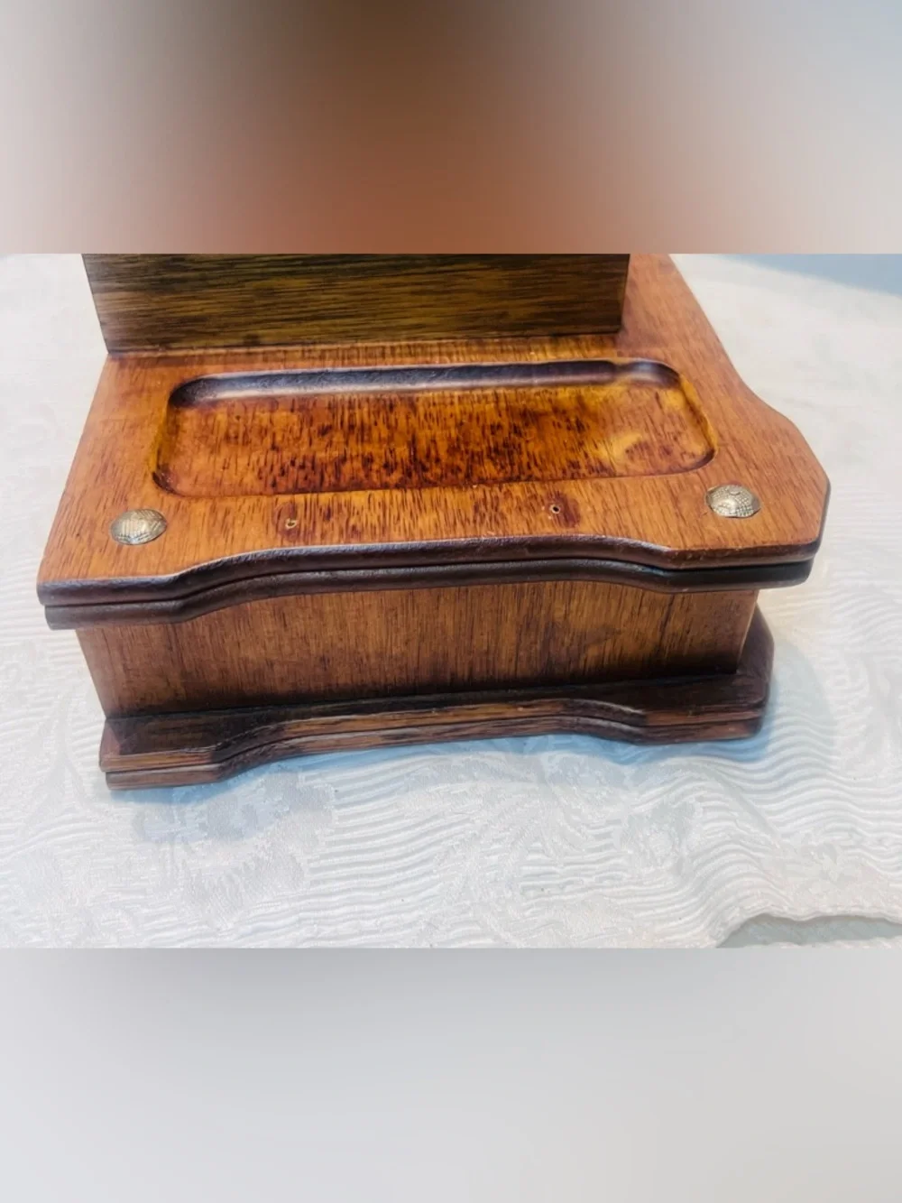 Vtg Wood Jewelry Chest Box Dresser Top Trinket Wicker Retro Multiple Compartment